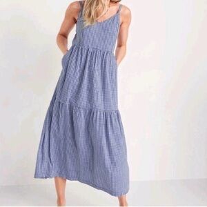 Old Navy Blue Gingham Midi Dress M Tall Tiered Cami Sundress Cottagecore